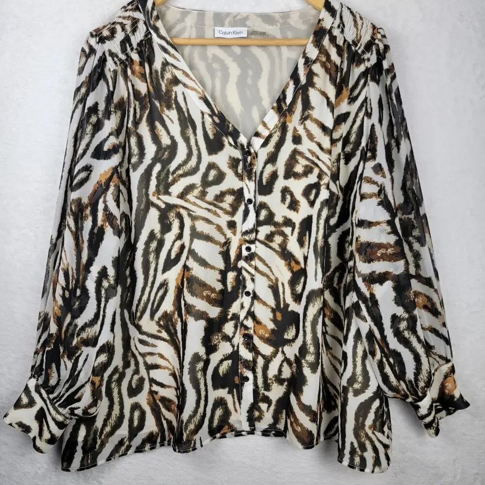 2X Blouse VNeck Animal Button Up Flowy Sheer Long Sleeve Tunic Top Office Career - Picture 1 of 12